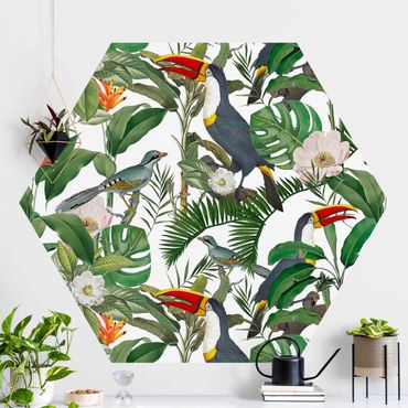 Papier peint hexagonal autocollant avec dessins - Tropical Toucan With Monstera And Palm Leaves