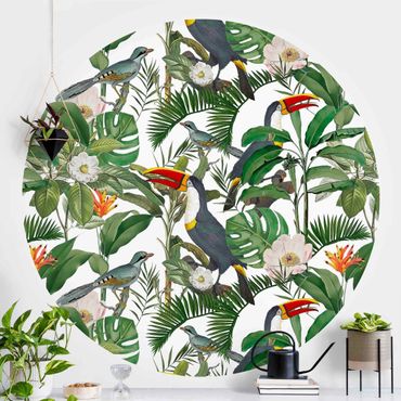Papier peint rond autocollant - Tropical Toucan With Monstera And Palm Leaves