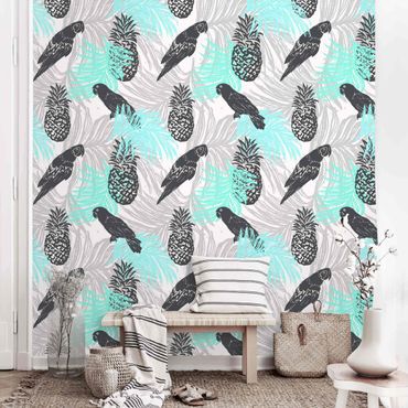 Papier peint - Tropical Pattern With Pineapple And Parrots Turquoise