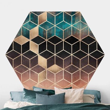 Papier peint hexagonal autocollant avec dessins - Turquoise Rosé Golden Geometry