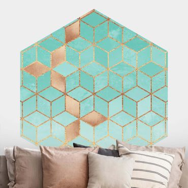 Papier peint hexagonal autocollant avec dessins - Turquoise White Golden Geometry