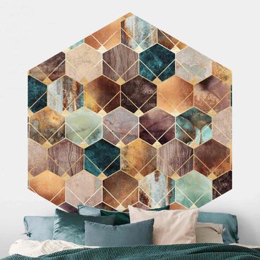 Papier peint hexagonal autocollant avec dessins - Turquoise Geometry Golden Art Deco