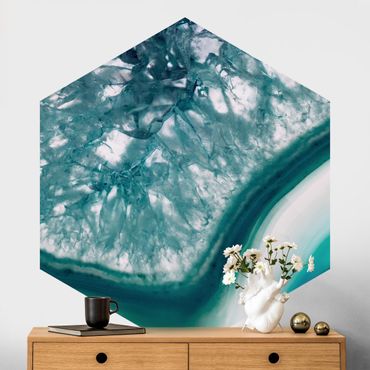 Papier peint panoramique hexagonal autocollant - Turquoise Crystal