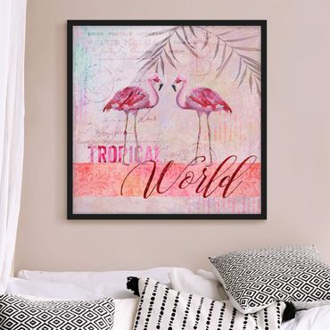 Poster encadré - Vintage Collage - Tropical World Flamingos