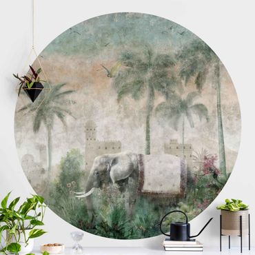 Papier peint rond autocollant - Scène de jungle vintage avec un éléphant