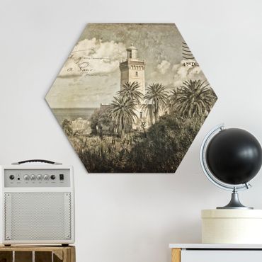 Hexagone en alu Dibond - Vintage Postcard With Lighthouse And Palm Trees