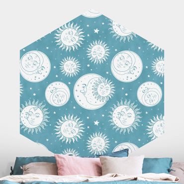 Papier peint hexagonal autocollant avec dessins - Vintage Sun, Moon And Stars