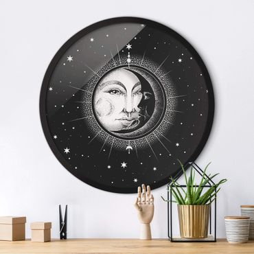 Tableau rond encadré - Vintage Sun And Moon Illustration