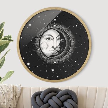 Tableau rond encadré - Vintage Sun And Moon Illustration
