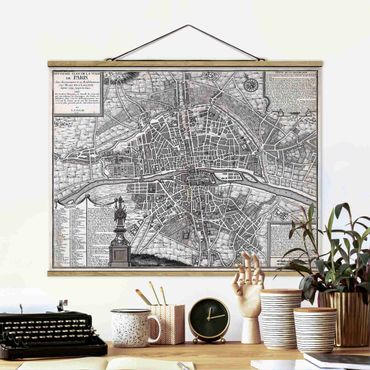Tableau en tissu avec porte-affiche - Vintage Map City Of Paris Around 1600 - Format paysage 4:3