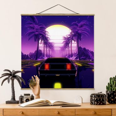 Tableau en tissu avec porte-affiche - Vintage Video Car With Palm Trees - Carré 1:1