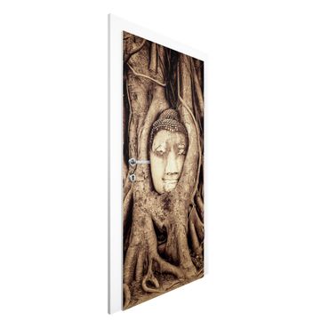 Papier peint pour porte - Buddha In Ayutthaya Lined From Tree Roots In Brown