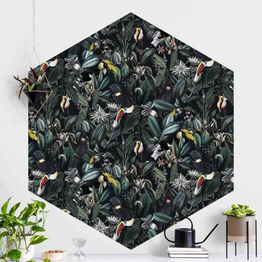 Papier peint hexagonal autocollant avec dessins - Birds In Dark Botany