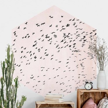 Papier peint hexagonal autocollant avec dessins - Flock Of Birds In The Sunset