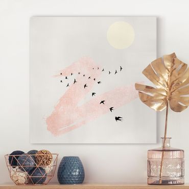 Impression sur toile - Pink Sky Behind Flock Of Birds