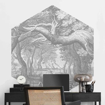 Papier peint panoramique hexagonal autocollant - Forest Copperplate Engraving