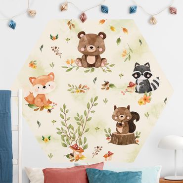 Papier peint hexagonal autocollant avec dessins - Forest Animals Autumn Bear Squirrel Raccoon