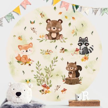 Papier peint rond autocollant - Forest Animals Autumn Bear Squirrel Raccoon