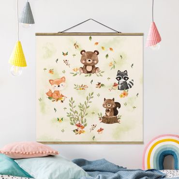 Tableau en tissu avec porte-affiche - Forest Animals Autumn Bear Squirrel Raccoon