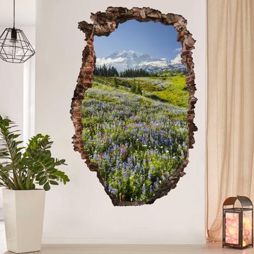 Sticker mural 3D - Mountain Meadow With Red Flowers in Front of Mt. Rainier Break Through Wall
