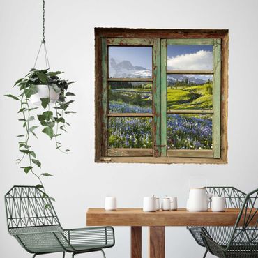 Sticker mural 3D - Window View of a Mountain Meadow With Flowers in Front of Mt. Rainier