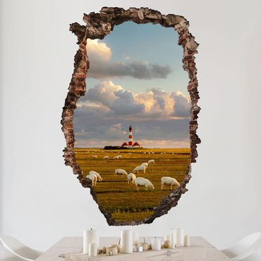Sticker mural 3D - North Sea Lighthouse With Flock Of Sheep