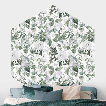 Papier peint panoramique hexagonal autocollant - White Flowers And Butterflies