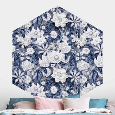 Papier peint hexagonal autocollant avec dessins - White Flowers In Front Of Blue