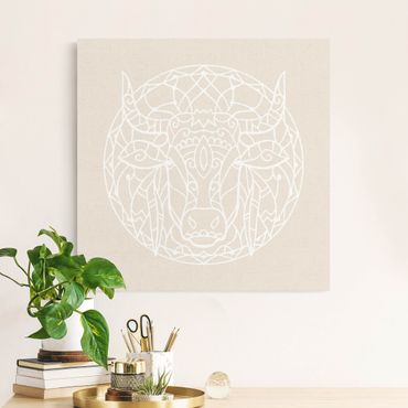 Tableau sur toile naturel - White Lines - Mandala With Bull - Carré 1:1