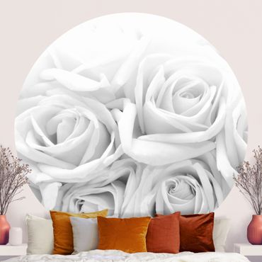 Papier peint rond autocollant - White Roses Black And White