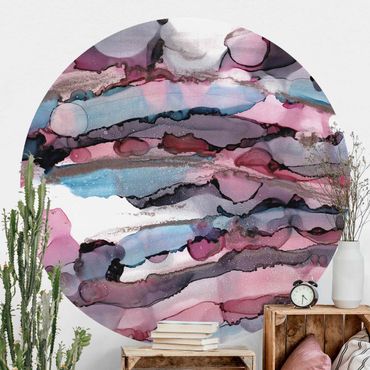 Papier peint rond autocollant - Surfing Waves In Purple With Pink Gold