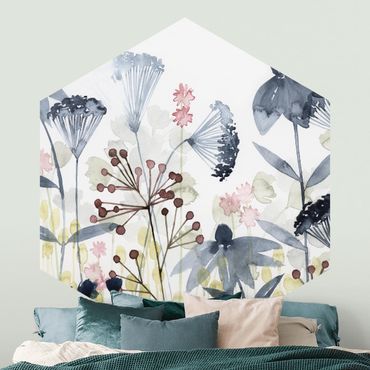Papier peint hexagonal autocollant avec dessins - Wild Flowers Watercolour I