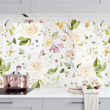 Revêtement cuisine - Motif de fleurs des champs et roses blanches aquarelle
