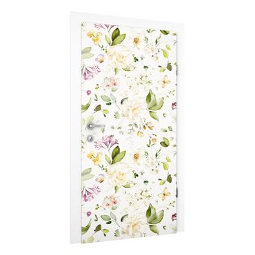 Papier peint pour porte - Motif de fleurs des champs et roses blanches aquarelle