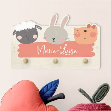 Porte-manteau enfant - Customised Name Cute Zoo - Sheep Rabbit And Cat