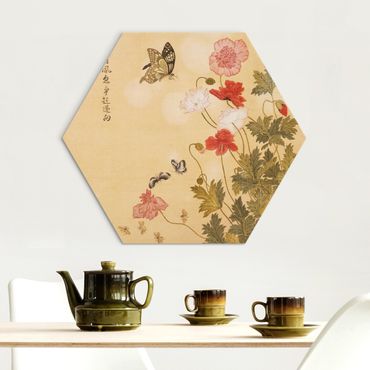 Hexagone en alu Dibond - Yuanyu Ma - Poppy Flower And Butterfly