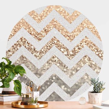 Papier peint rond autocollant - Zigzag Lines With Golden Glitter and Silver