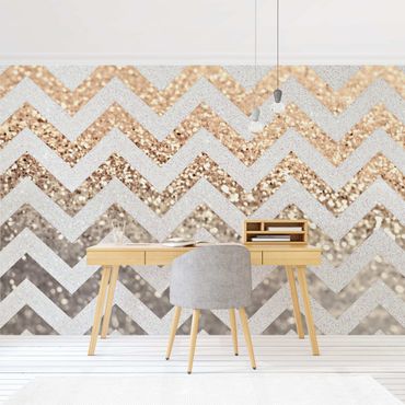 Walpaper - Zigzag Lines With Golden Glitter and Silver