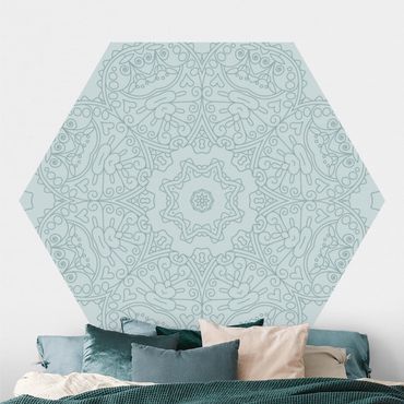 Papier peint hexagonal autocollant avec dessins - Jagged Mandala Flower With Star In Turquoise