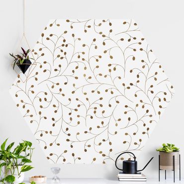 Papier peint hexagonal autocollant avec dessins - Delicate Branch Pattern With Dots In Gold