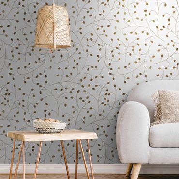 Metallic wallpaper - Delicate Branch Pattern With Dots In Gold