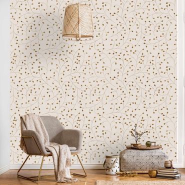 Papier peint - Delicate Branch Pattern With Dots In Gold