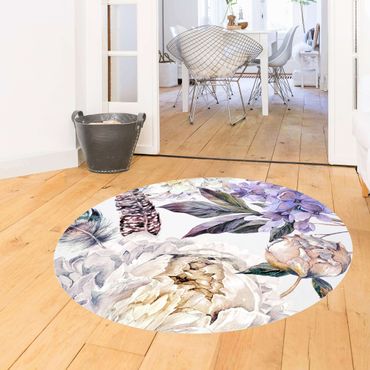 Tapis en vinyle rond|Delicate Watercolour Boho Flowers And Feathers Pattern