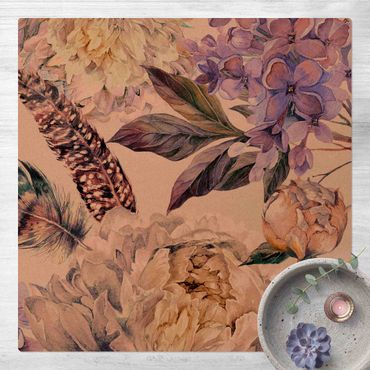 Tapis en liège - Delicate Watercolour Boho Flowers And Feathers Pattern - Carré 1:1