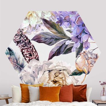 Papier peint hexagonal autocollant avec dessins - Delicate Watercolour Boho Flowers And Feathers Pattern