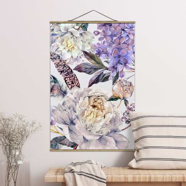 Tableau en tissu avec porte-affiche - Delicate Watercolour Boho Flowers And Feathers Pattern - Format portrait 2:3