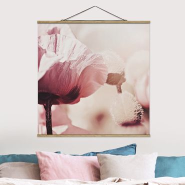 Tableau en tissu avec porte-affiche - Pale Pink Poppy Flower With Water Drops - Carré 1:1