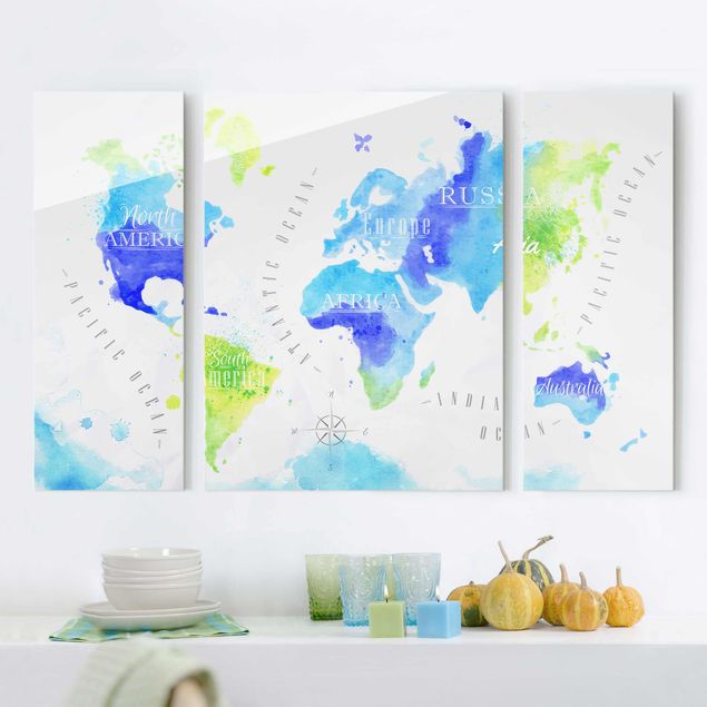 Déco murale cuisine Carte du Monde Aquarelle Bleu Vert