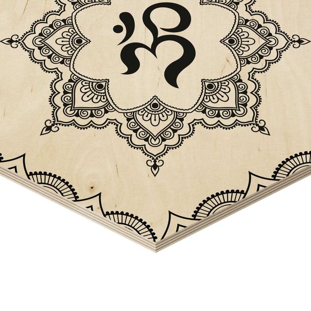 Hexagone en bois - Hamsa Hand Lotus OM Illustration Set Black And White