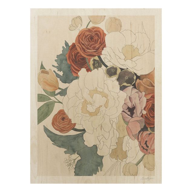 Tableaux en bois avec fleurs Dessin Bouquet De Fleurs En Rouge Et Sépia